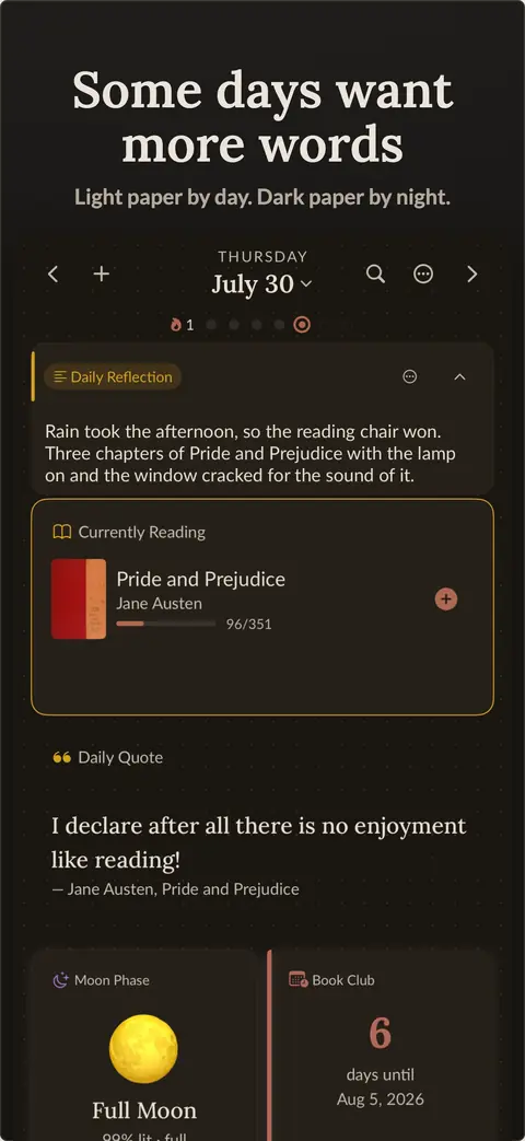 Vivid App Store screenshot showing a dark journal page with a long reflection, a reading log, a quote, and a moon phase block