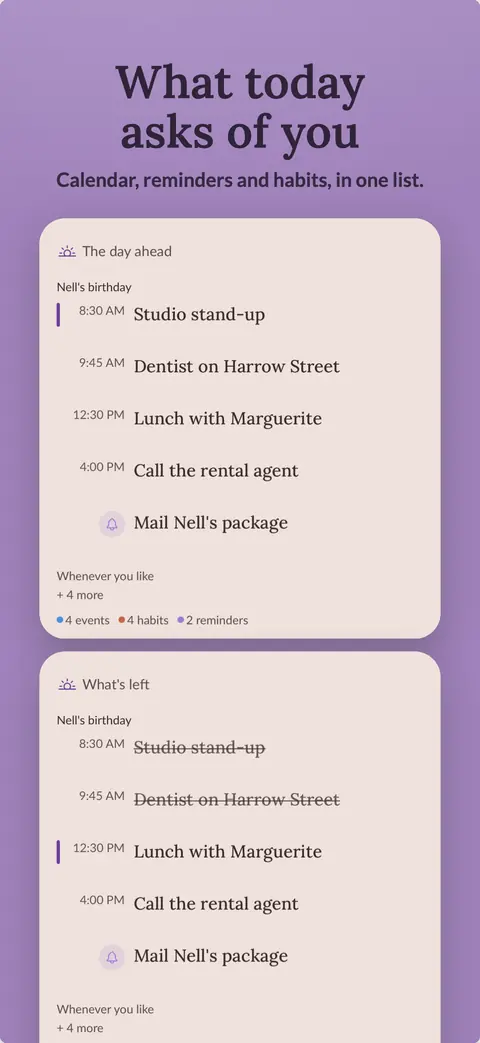 Vivid App Store screenshot showing The Day Ahead block merging calendar events, reminders, and habits into one timed list