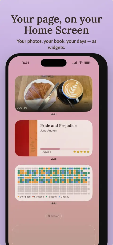 Vivid App Store screenshot showing Memory, Currently Reading, and In Color widgets on an iPhone Home Screen