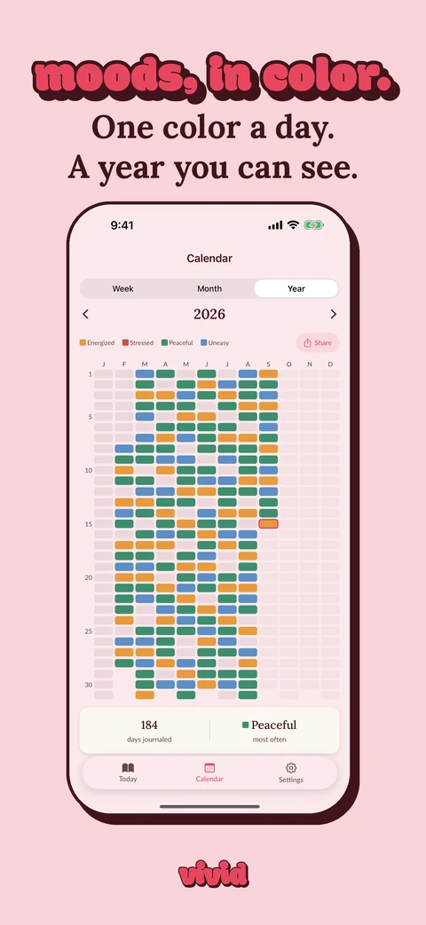 Vivid App Store screenshot: the Year in Pixels calendar, each day colored by its mood, under the hook "moods, in color."