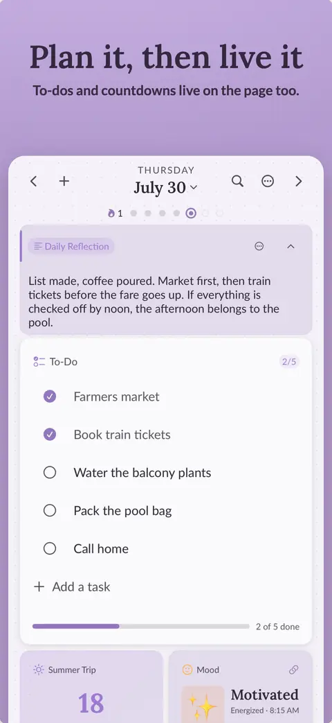 Vivid App Store screenshot showing a to-do block, a countdown, and a mood check-in on one page