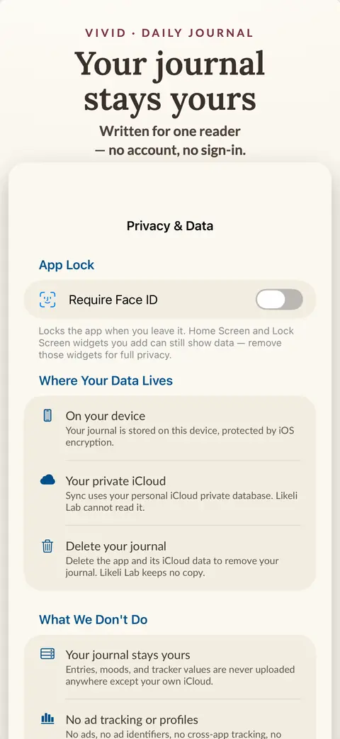 Vivid App Store screenshot showing the Privacy and Data settings