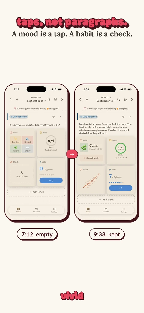 Vivid App Store screenshot: the same Cottagecore page empty at 7:12 and filled in at 9:38, under the hook "taps, not paragraphs."