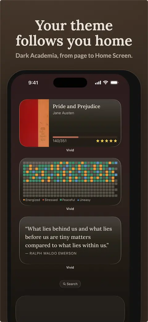 Vivid App Store screenshot showing the Dark Academia theme carried from the page to Home Screen widgets