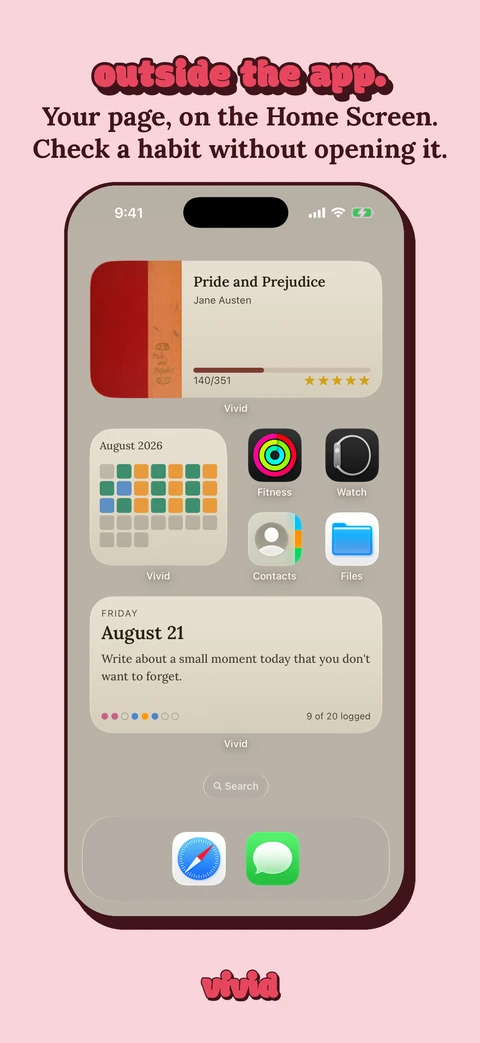 Vivid App Store screenshot: Vivid widgets on an iPhone Home Screen in the Dark Academia theme, under the hook "outside the app."