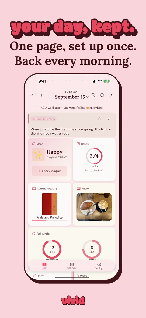 Vivid App Store screenshot: a daily page in the Vivid theme with a written reflection, a mood check-in, habits, a reading log, a photo, and Full Circle rings, under the line "your day, kept."