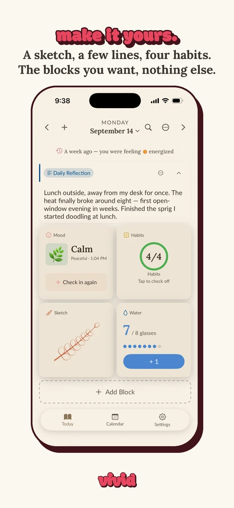 Vivid App Store screenshot: a Cottagecore page with a sketch, a few written lines, four habits, and water, under the hook "make it yours."