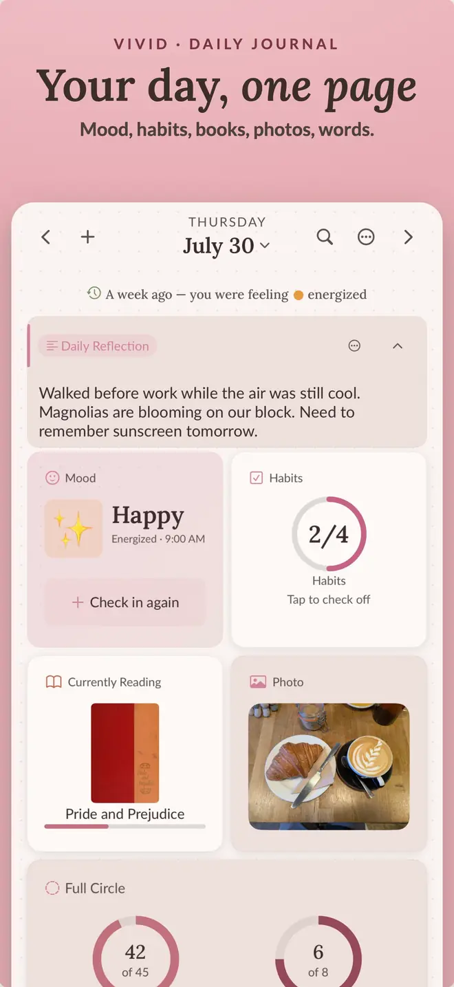 A Vivid daily page with a mood check-in beside a written reflection, habits, a reading log, and a photo