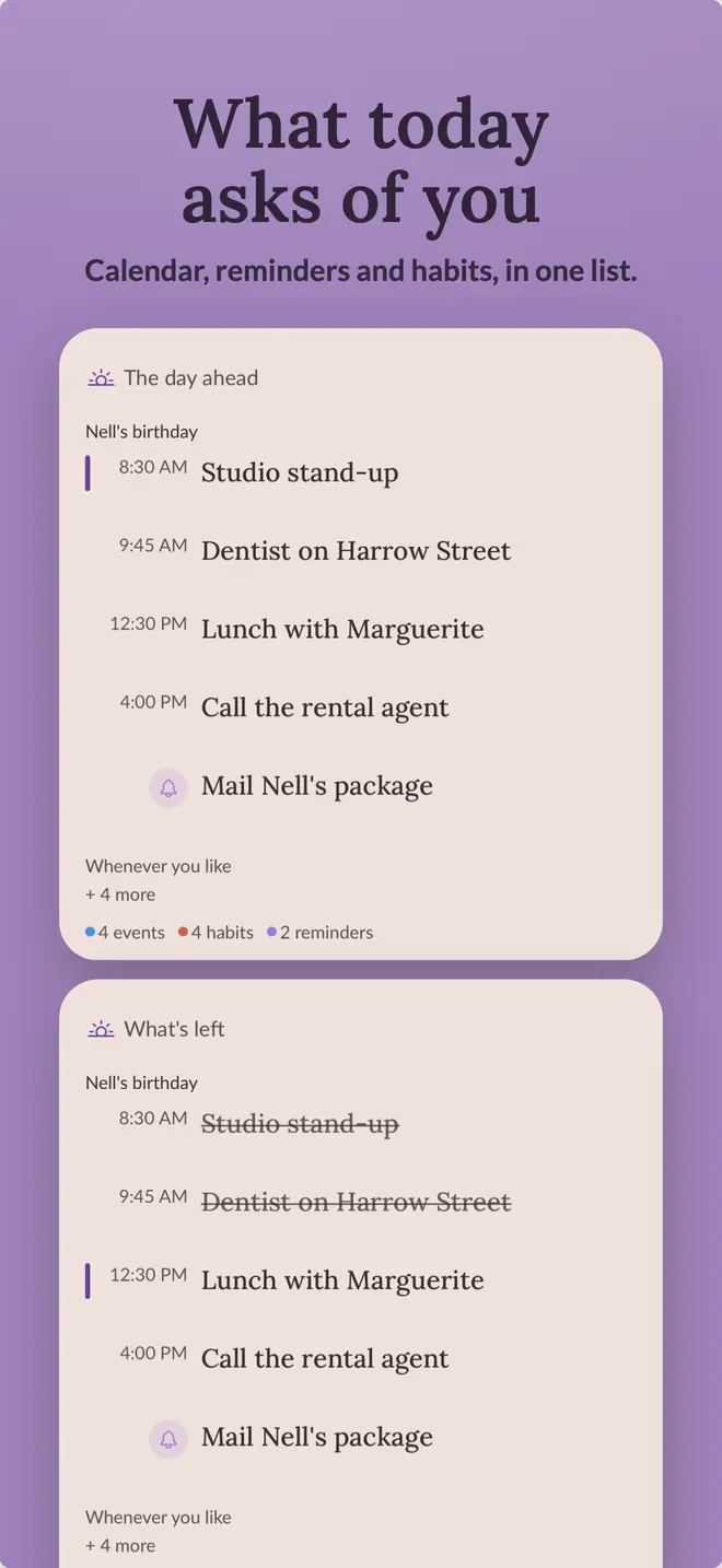 A Vivid page showing The Day Ahead with calendar events, reminders, and habits in one timed list