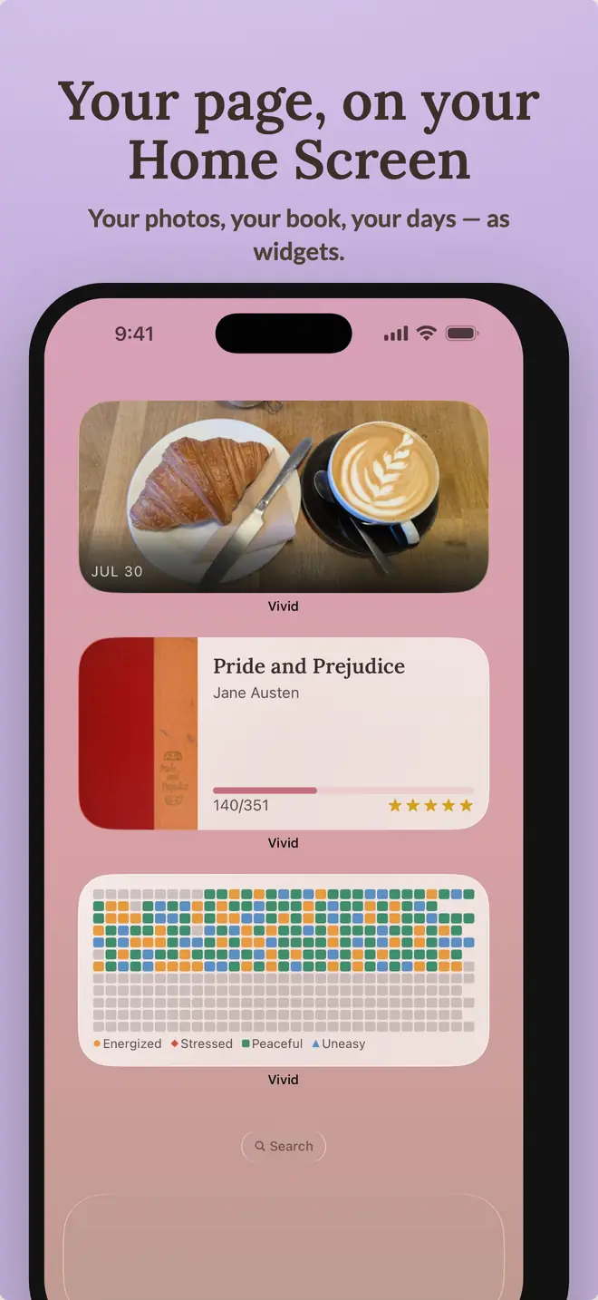 An iPhone home screen with Vivid journal and habit tracking widgets