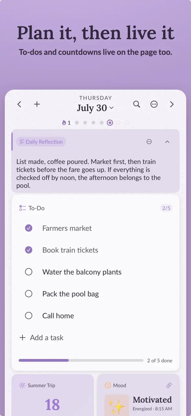 A Vivid page with a to-do block, a countdown, and a mood check-in