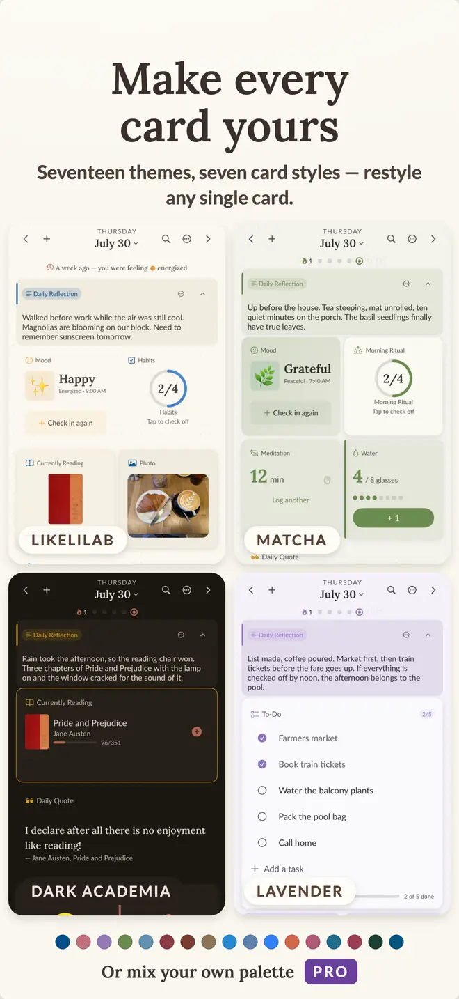 The same Vivid journal page shown in four different built-in themes