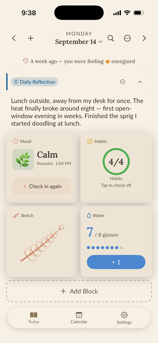 The same Cottagecore journal page at 9:38 at night, filled in: a calm mood, four of four habits, a sketch, seven glasses of water, and a short entry