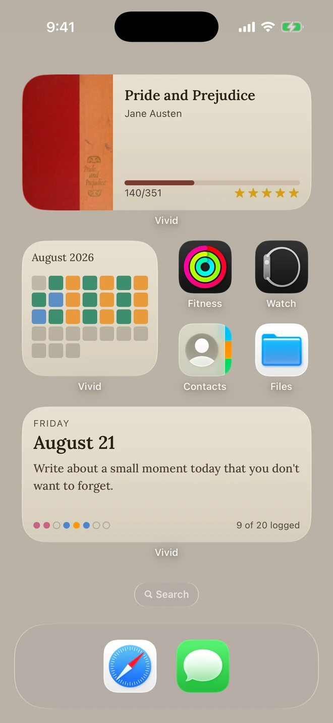 An iPhone Home Screen with Vivid widgets in the Dark Academia theme: the book being read, a year of moods, a habit list, and today's page