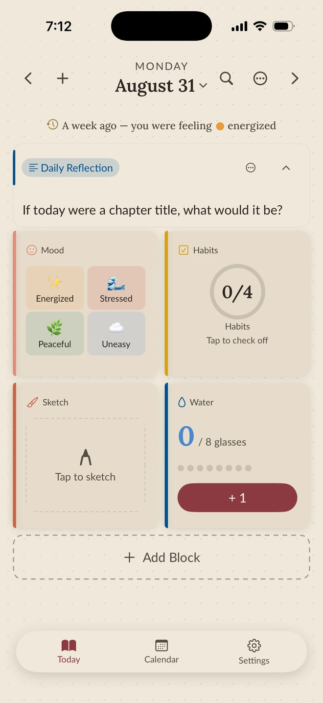 A Vivid journal page in the light Poetcore theme at 7:12 in the morning