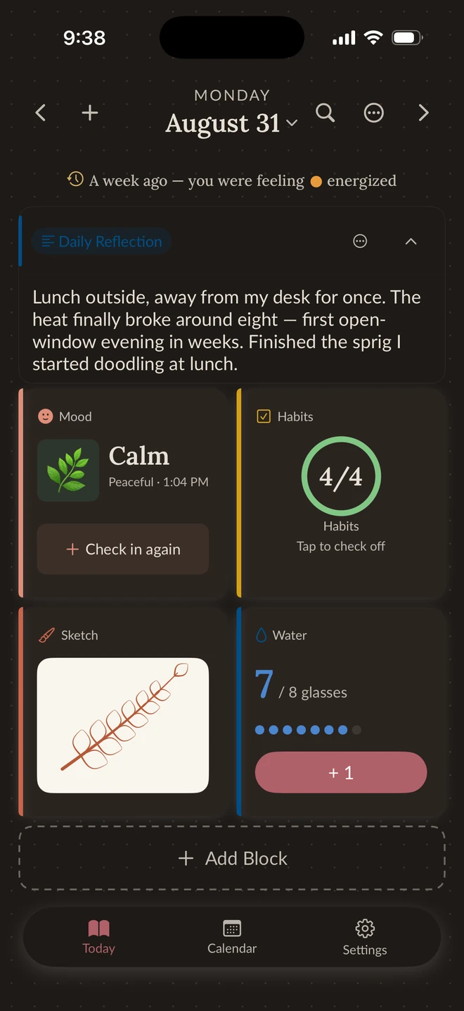 The same Vivid journal page in the Dark Academia theme at 9:38 at night, with the entry, mood, habits, sketch, and water filled in